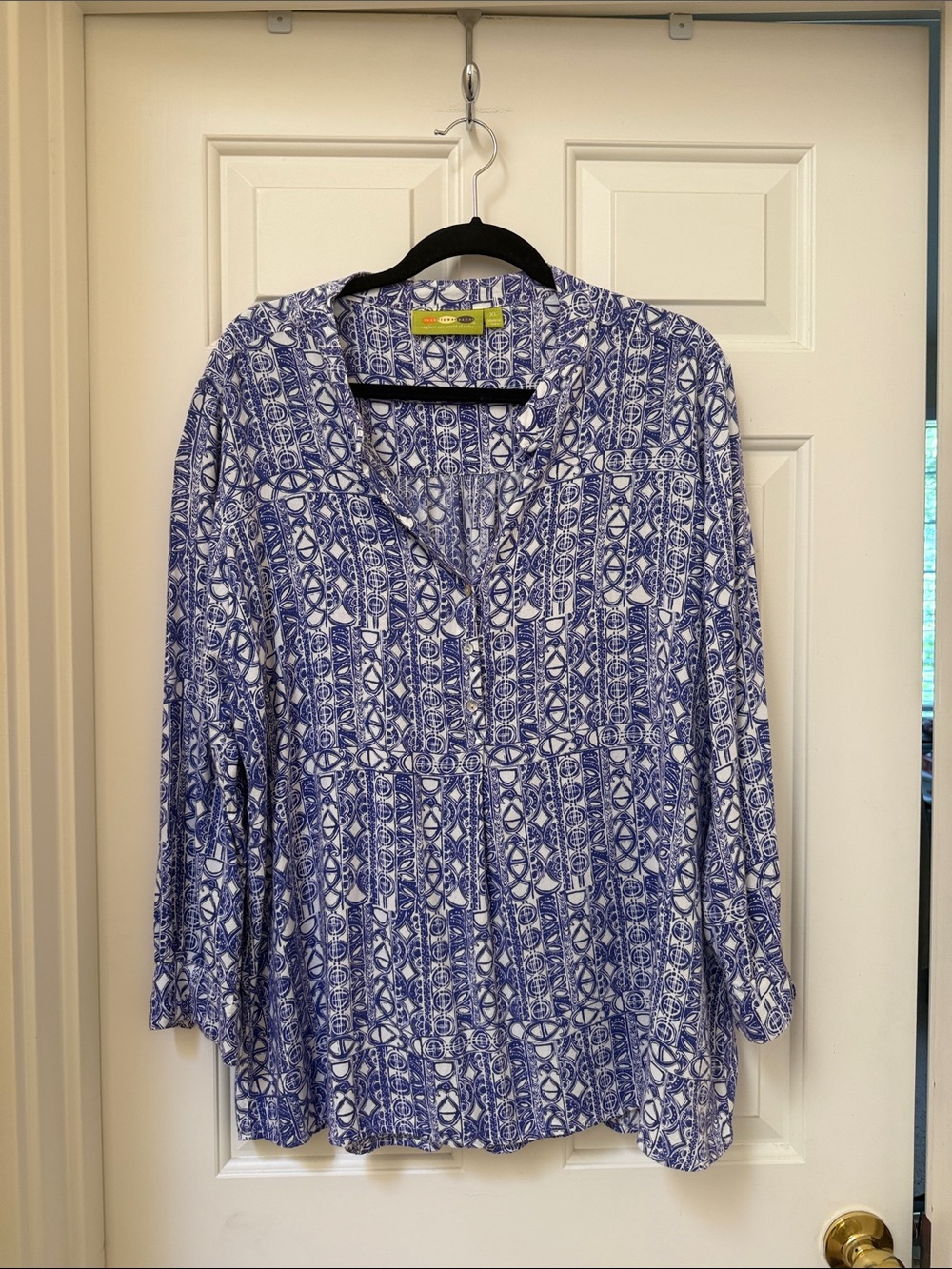 Rock Flower Paper Printed Blue V-Neck Long-Sleeve Women's Blouse